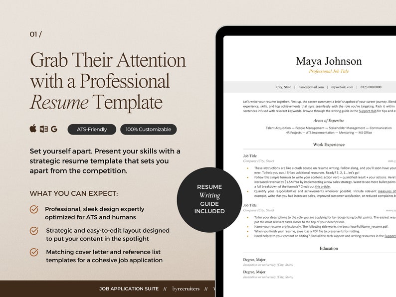ATS-friendly resume template with a bold header for creative industries. Resume writing guide included.