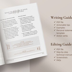 K&ouml;nnte beinhalten: Ein offenes Buch mit Anleitungen zum Verfassen und Bearbeiten von Lebensl&auml;ufen. Die linke Seite enth&auml;lt Details zu Kontaktinformationen, w&auml;hrend die rechte Seite "Writing Guide" und "Editing Guide" mit Aufz&auml;hlungszeichen auflistet. Der Text enth&auml;lt Beispiele und praktische Tipps.