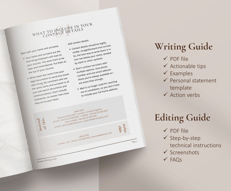 K&ouml;nnte beinhalten: Ein offenes Buch mit Anleitungen zum Verfassen und Bearbeiten von Lebensl&auml;ufen. Die linke Seite enth&auml;lt Details zu Kontaktinformationen, w&auml;hrend die rechte Seite "Writing Guide" und "Editing Guide" mit Aufz&auml;hlungszeichen auflistet. Der Text enth&auml;lt Beispiele und praktische Tipps.