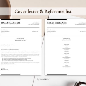 May include: A black and white cover letter and reference list template with the name Edgar Mackenzie at the top of each page.