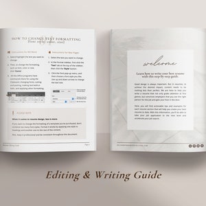 K&ouml;nnte beinhalten: Ein offenes Buch mit Anweisungen zur Textformatierung und zum Verfassen von Lebensl&auml;ufen. Die linke Seite zeigt Anweisungen f&uuml;r MS Word, w&auml;hrend die rechte Seite eine Willkommensnachricht und einen Leitfaden enth&auml;lt. Das Buch tr&auml;gt den Titel "Editing & Writing Guide".