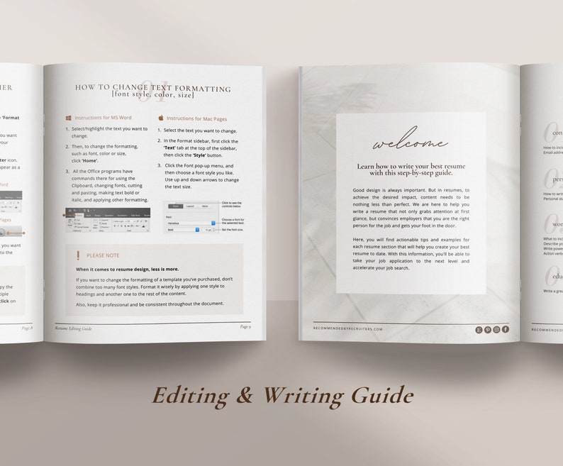 K&ouml;nnte beinhalten: Ein offenes Buch mit Anweisungen zur Textformatierung und zum Verfassen von Lebensl&auml;ufen. Die linke Seite zeigt Anweisungen f&uuml;r MS Word, w&auml;hrend die rechte Seite eine Willkommensnachricht und einen Leitfaden enth&auml;lt. Das Buch tr&auml;gt den Titel "Editing & Writing Guide".