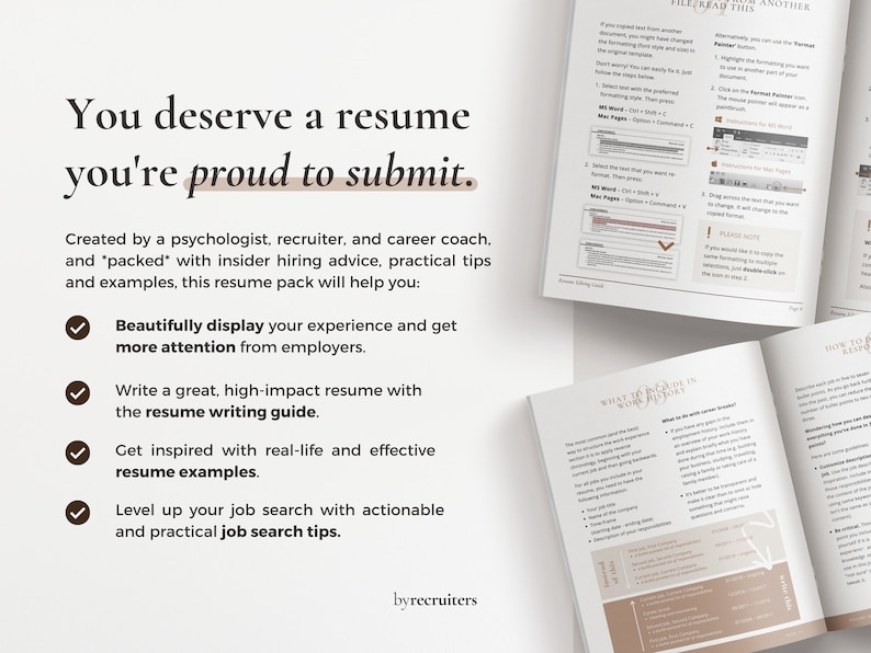 May include: A resume guide with a checklist of four benefits: beautifully display your experience, write a high-impact resume, get inspired with real-life examples, and level up your job search with actionable tips. The text "You deserve a resume you're proud to submit." is at the top of the page.