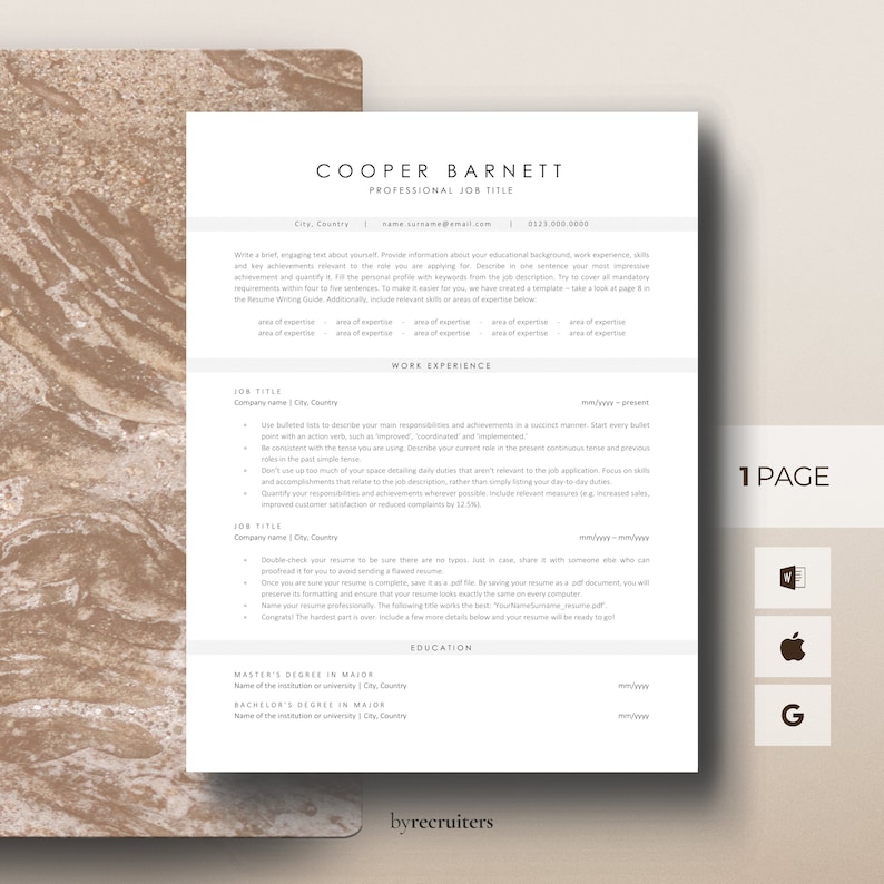 Top view of a one-page modern resume template on a beige marble background. A minimalist header on the CV template. Symbols of Microsoft Word, Apple Pages, and Google Docs indicate resume template formats.