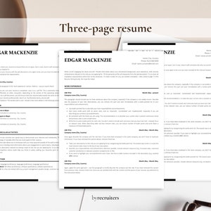 May include: Three-page resume template with the title "Three-page resume" at the top. The resume is divided into three sections: "Edgar Mackenzie", "Work Experience", and "Skills & Other". The resume is designed to be professional and easy to read.