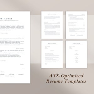 K&ouml;nnte beinhalten: Ein Satz von ATS-optimierten Lebenslaufvorlagen. Die Lebensl&auml;ufe sind auf wei&szlig;em Papier mit minimalistischem Design gedruckt. Der Text "MARCUS MOORE" steht oben auf jeder Seite. Unten rechts im Bild steht "ATS-Optimized Resume Templates."