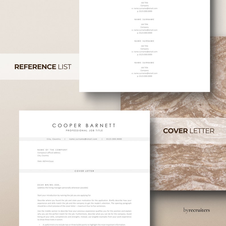 Cover letter and reference list template on a beige marble background. Minimalist gray header. Professional CV template 2024.