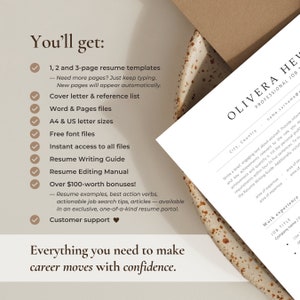 Top view of a simple resume template with a gray header in a beige marble bowl. On the left side, there's a list of items included in the downloadable template: 1, 2, and 3-page resumes, cover letter templates, ebooks, manuals, and fonts.