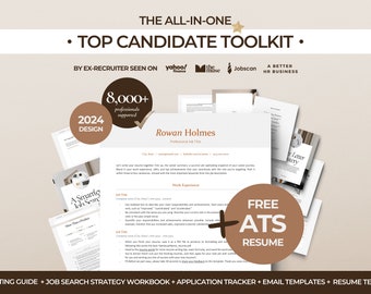 May include: A brown and white graphic with the text "THE ALL-IN-ONE • TOP CANDIDATE TOOLKIT •" and "BY EX-RECRUITER SEEN ON yahoo! finance the muse Jobscan A BETTER HR BUSINESS". The graphic also includes a brown circle with the text "2024 DESIGN" and a brown circle with the text "8,000+ professionals supported".