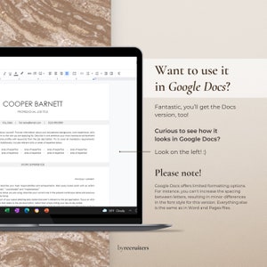 A laptop screen on the left side of the photo shows a resume template edited in Google Docs. The text on a beige background says that there will be some differences in the template in Google Docs. ByRecruiters shop logo in the bottom right corner.