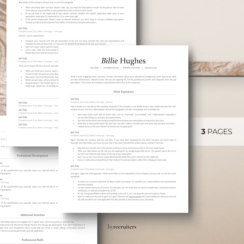 Minimalist, clean three-page ATS resume template on a beige marble background. ByRecruiters logo at the bottom.