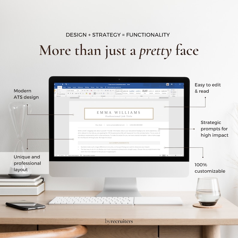 May include: A computer screen displaying a resume template with the text "More than just a pretty face" and "Design + Strategy = Functionality" at the top. The resume template is modern and professional, with a gold header and a blue background. The text "Emma Williams" is in the header. The text "Easy to edit & read", "Strategic prompts for high impact", and "100% customizable" are displayed on the right side of the screen.