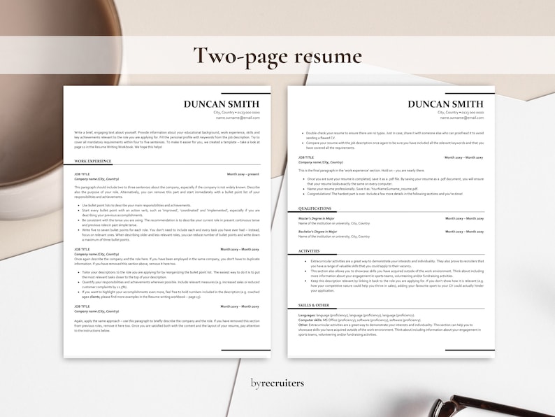 Puede incluir: Plantilla de curr&iacute;culum de dos p&aacute;ginas en blanco y negro. La plantilla incluye secciones para la experiencia laboral, las cualificaciones, las actividades, las habilidades y otras, y una secci&oacute;n de contacto. El texto de la plantilla proporciona consejos para escribir un curr&iacute;culum.