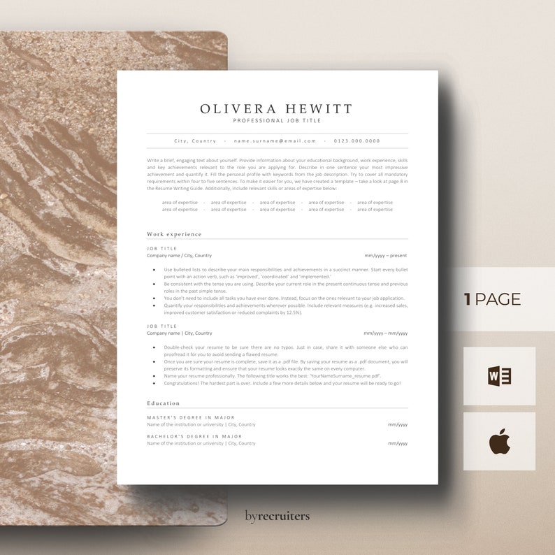 Top view of a one-page modern resume template on a beige marble background. A minimalist header on the CV template.  Microsoft Word and Apple Pages symbols indicate resume template formats.