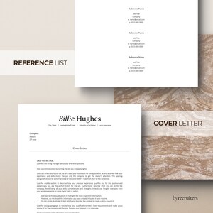 Clean cover letter and reference list templates on a beige marble background. Minimalist resume design. Professional CV template 2024.
