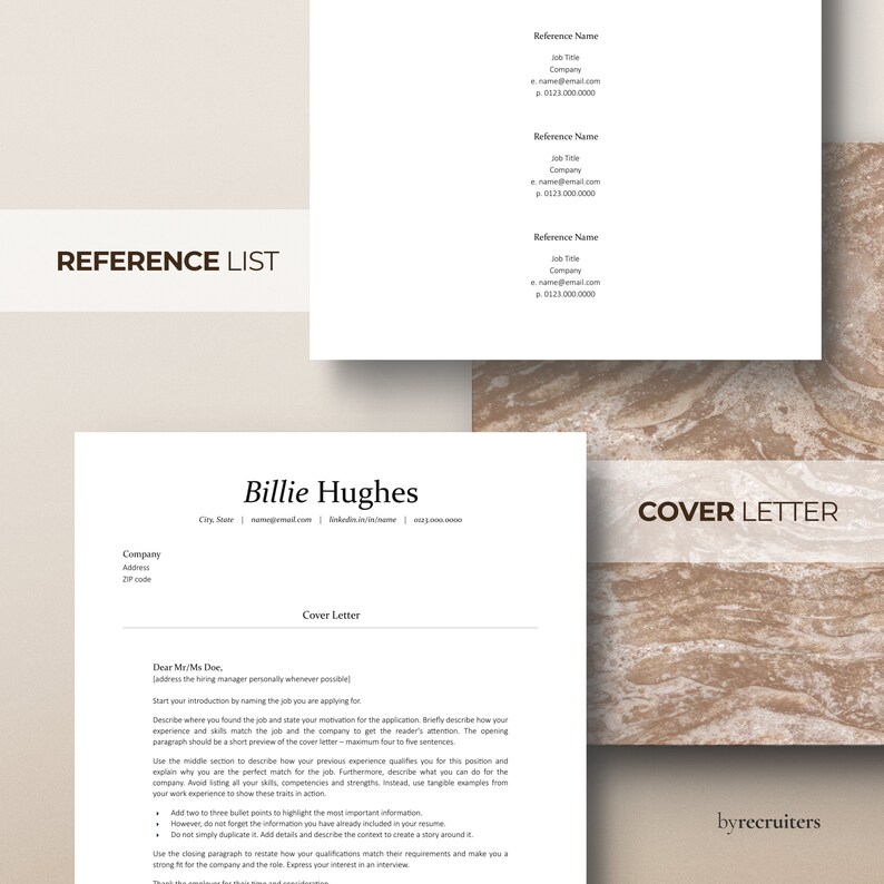 Clean cover letter and reference list templates on a beige marble background. Minimalist resume design. Professional CV template 2024.