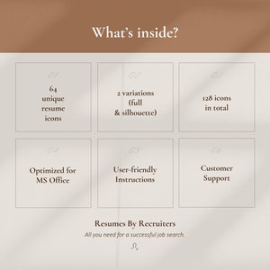May include: A graphic with the text "What's inside?" and six boxes detailing resume features. Includes 64 unique resume icons, 2 variations, 128 icons in total, optimised for MS Office, user-friendly instructions, and customer support.