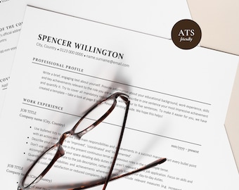 Pode incluir: Um modelo de currículo com o título "Spencer Willington" e o cabeçalho "Perfil profissional". O modelo inclui seções para experiência profissional, cargo, nome da empresa e um perfil profissional.