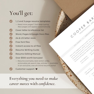 Top view of a modern resume template with a gray header in a beige marble bowl. On the left side, there's a list of items included in the downloadable template: 1, 2, and 3-page resumes, cover letter templates, ebooks, manuals, and fonts.