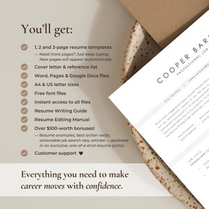 Top view of a modern resume template with a gray header in a beige marble bowl. On the left side, there's a list of items included in the downloadable template: 1, 2, and 3-page resumes, cover letter templates, ebooks, manuals, and fonts.