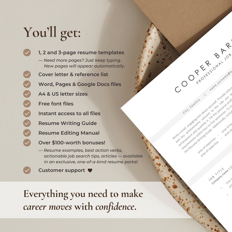 Top view of a modern resume template with a gray header in a beige marble bowl. On the left side, there's a list of items included in the downloadable template: 1, 2, and 3-page resumes, cover letter templates, ebooks, manuals, and fonts.