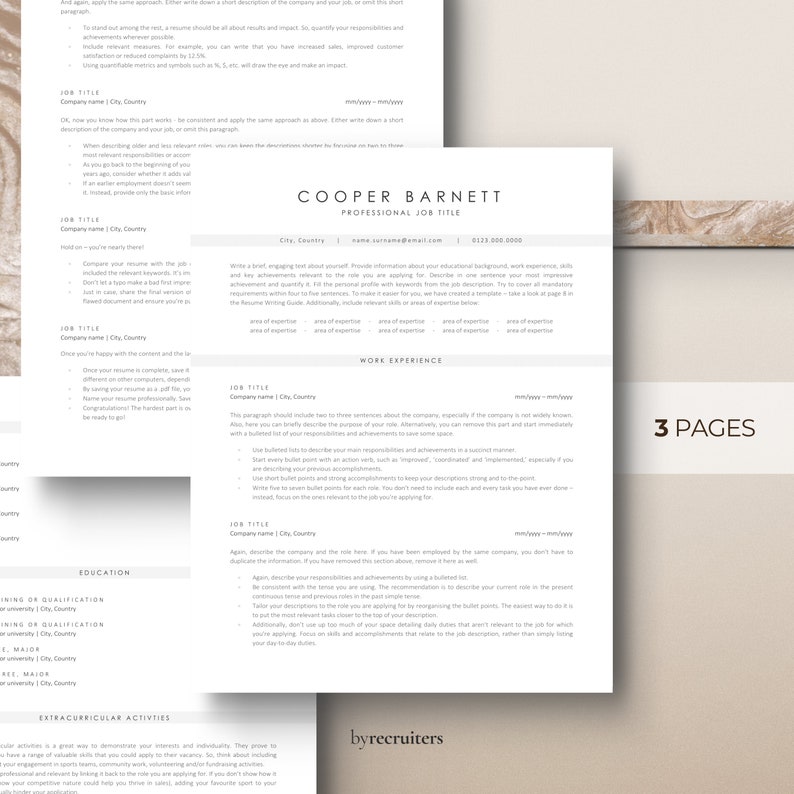 Minimalist three-page ATS resume template with professional fonts and sections in gray bar rests on a beige marble background. ByRecruiters logo at the bottom.