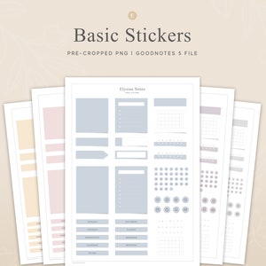 Puede incluir: Un conjunto de cuatro hojas de pegatinas imprimibles para Goodnotes 5. Las hojas son de diferentes colores: azul claro, rosa claro, amarillo claro y gris claro. Las pegatinas incluyen una variedad de formas, incluyendo cuadrados, rectángulos, círculos y flechas. También hay algunas pegatinas de calendario y horario.