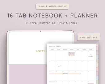 16タブのデジタルノートとプランナー、Goodnotesノートブック、ハイパーリンク付きPDF、罫線、グリッド、ドット、コーネル、ステッカー、プランナー、Bujo、Notability