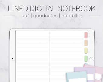 ハイパーリンク付きタブ付き罫線入りデジタルノートブック、横長、パステル、Goodnotes、Notability、デジタルプランナー