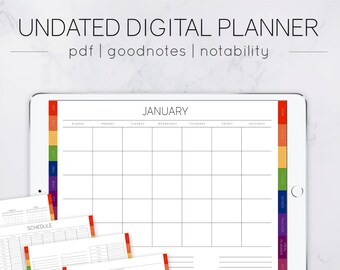 日付なしの横長デジタルプランナー（ハイパーリンク付きタブ、年、月、週、ToDo、習慣トラッカー、食事プラン、線、グリッド、Goodnotes、Notability 付き）