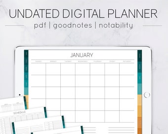 日付なしの横長デジタルプランナー（ハイパーリンク付きタブ、年、月、週、ToDo、習慣トラッカー、食事プラン、線、グリッド、Goodnotes、Notability 付き）