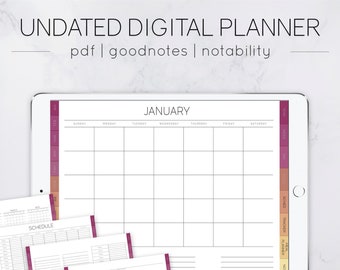 日付なしの横長デジタルプランナー（ハイパーリンク付きタブ、年、月、週、ToDo、習慣トラッカー、食事プラン、線、グリッド、Goodnotes、Notability 付き）