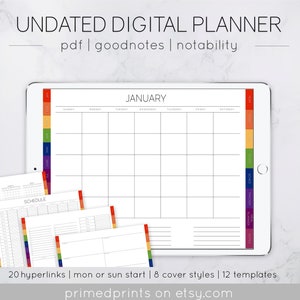 Undated Landscape Digital Planner w/ Hyperlinked tabs, Year, Month, Week, To do, Habit Tracker, Meal plan, Line, Grid, Goodnotes, Notability
