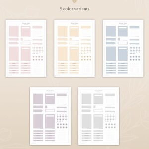 May include: Five printable planner pages with different color backgrounds: pink, yellow, blue, purple, and gray. Each page includes a calendar, to-do list, habit tracker, and note sections. The text "Elysian Notes" appears at the top of each page.