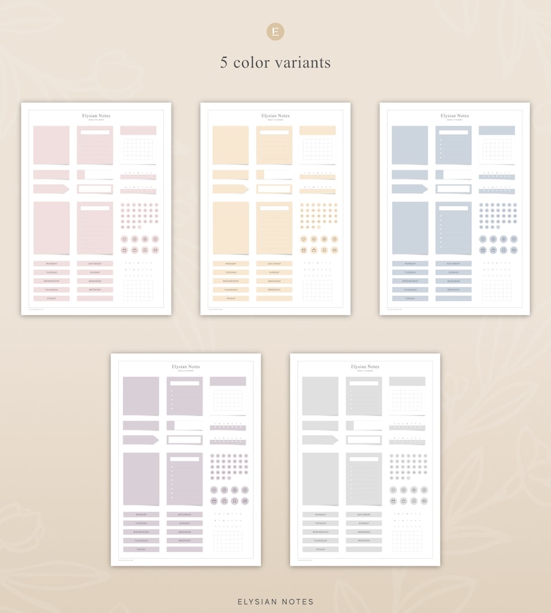 May include: Five printable planner pages with different color backgrounds: pink, yellow, blue, purple, and gray. Each page includes a calendar, to-do list, habit tracker, and note sections. The text "Elysian Notes" appears at the top of each page.