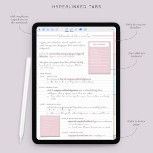 May include: A digital planner page with pink and blue notes on a tablet screen. The notes are about intercultural communication and the stages of denial, defense, minimization, acceptance, and adaptation. The page also includes links to section dividers and an index page.