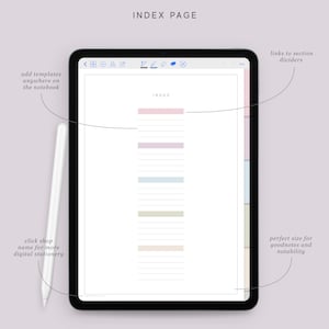 May include: A digital planner index page with a white background and a light gray border. The page is divided into sections with colored lines and text that says "INDEX".