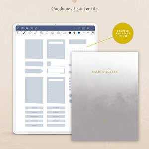 May include: A digital planner with a gray background and a set of basic stickers for Goodnotes 5. The stickers include a grid, boxes, arrows, and days of the week.