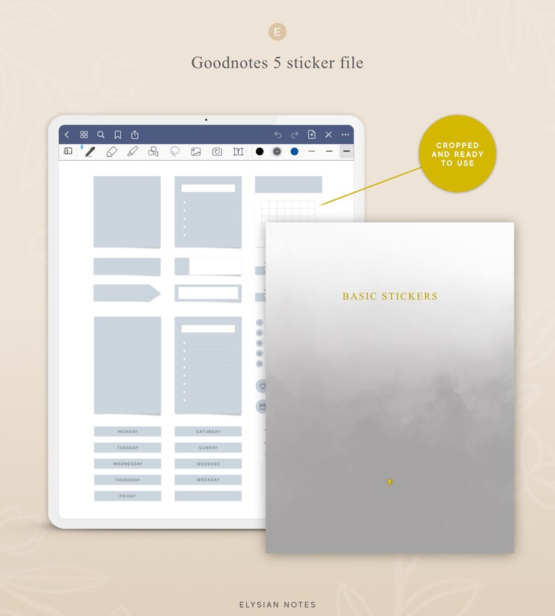 May include: A digital planner with a gray background and a set of basic stickers for Goodnotes 5. The stickers include a grid, boxes, arrows, and days of the week.