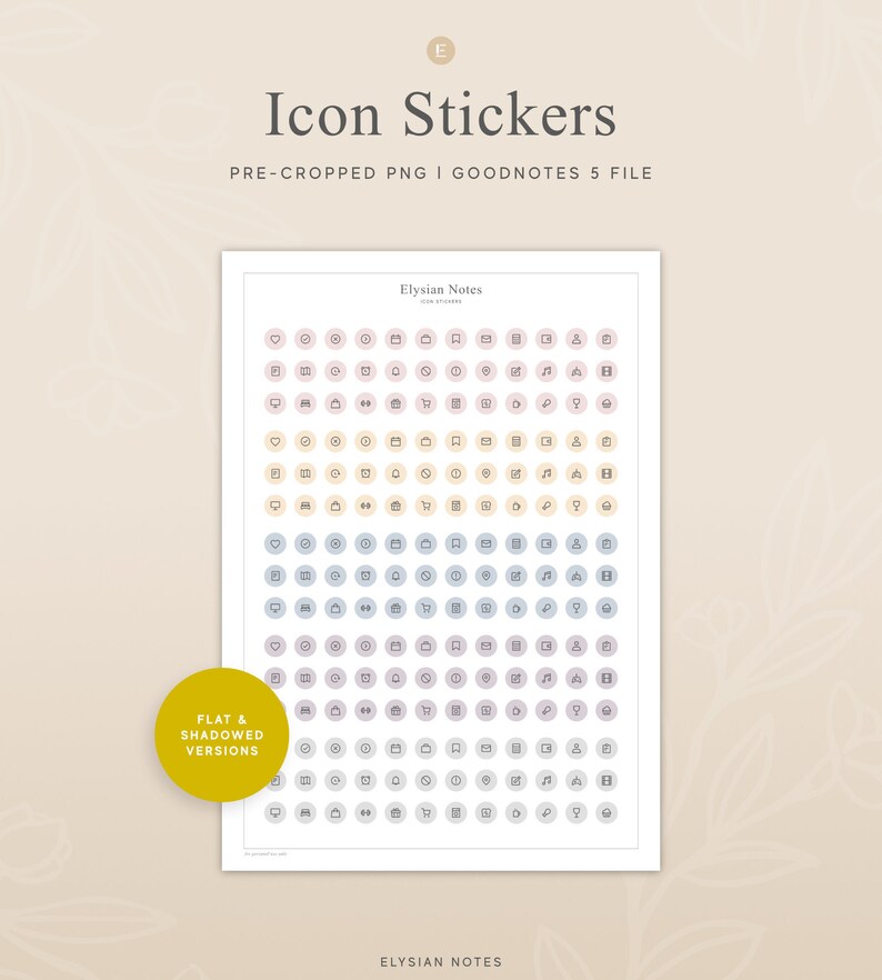 May include: A sheet of digital planner stickers with a variety of icons in different colors. The icons include a heart, a circle, a calendar, an email, a house, a chat bubble, a square, a person, a shopping cart, a star, a location pin, a music note, a question mark, and a home. The stickers are pre-cropped for use in Goodnotes 5.