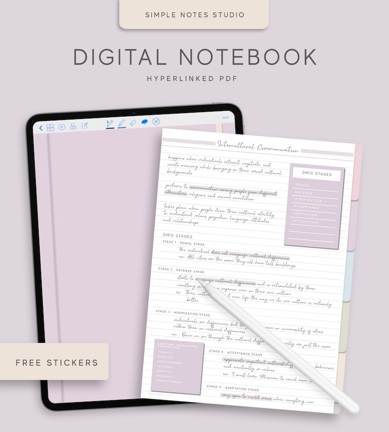 May include: A digital notebook page with the title "Intercultural Communication" and a list of stages of intercultural communication. The page is divided into sections with different colored tabs. The notebook is on a tablet screen with a white stylus.