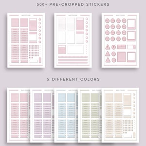 May include: A set of 500+ pre-cropped planner stickers in five different colors: pink, purple, blue, green, and beige. The stickers include various shapes, sizes, and designs, such as circles, squares, rectangles, triangles, and a calendar.