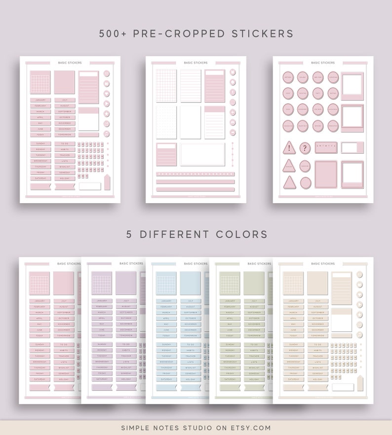May include: A set of 500+ pre-cropped planner stickers in five different colors: pink, purple, blue, green, and beige. The stickers include various shapes, sizes, and designs, such as circles, squares, rectangles, triangles, and a calendar.