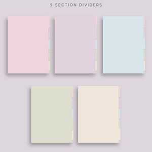 May include: Five pastel colored paper dividers with tabs for a planner or notebook. The colors are pink, lavender, light blue, green, and cream.