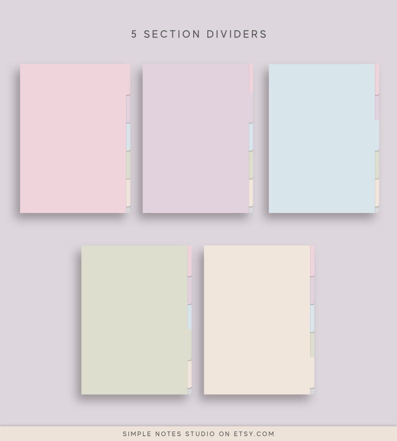 May include: Five pastel colored paper dividers with tabs for a planner or notebook. The colors are pink, lavender, light blue, green, and cream.