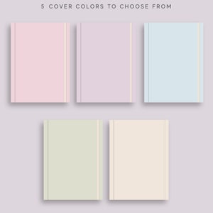 May include: Five different color options for a notebook cover. The colors are pink, lavender, light blue, light green, and cream.