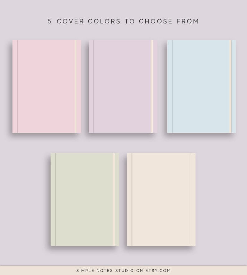 May include: Five different color options for a notebook cover. The colors are pink, lavender, light blue, light green, and cream.