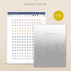 May include: A digital screen displaying a sheet of icons in various colors and styles. The icons are organized in rows and columns. The text "ICON STICKERS" is visible on a gray background.