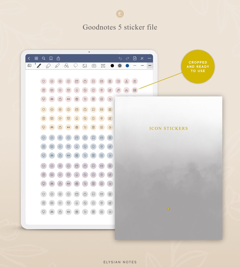 May include: A digital screen displaying a sheet of icons in various colors and styles. The icons are organized in rows and columns. The text "ICON STICKERS" is visible on a gray background.