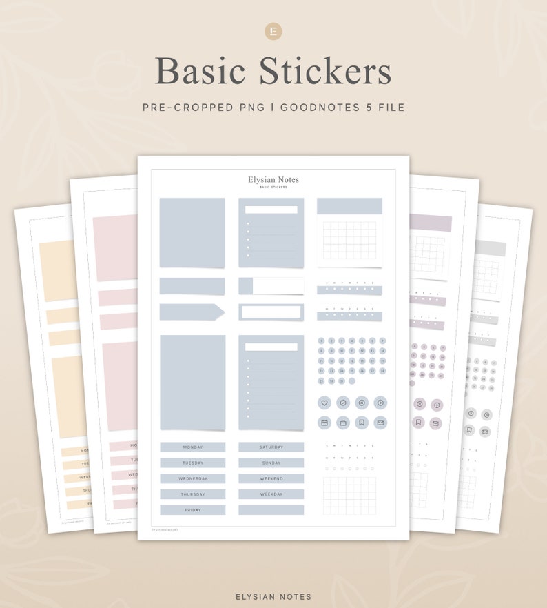 May include: A set of four printable sticker sheets for Goodnotes 5. The sheets are in different colors: light blue, light pink, light yellow, and light gray. The stickers include a variety of shapes, including squares, rectangles, circles, and arrows. There are also some calendar and schedule stickers.